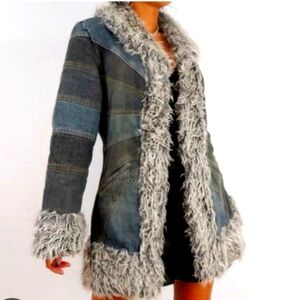 Vintage  Shaggy Penny Lane Inspired Denim & Faux Fur Coat, Large